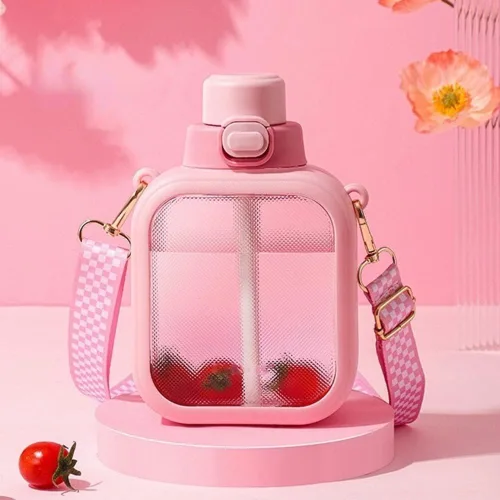 Vista 8 de NUFR Botella de agua cuadrada transparente de 24 onzas, bonita cantimplora de viaje portátil con correa ajustable, 23.7 fl oz (verde)