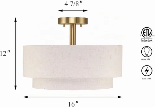 Vista 6 de XiNBEi Lighting Lámpara de Techo Semiempotrada de 16 pulgadas, Luminaria de Doble Tambor de Latón de 3 Luces con Pantalla de Lino para Techo