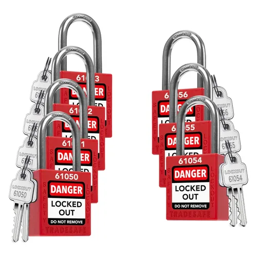 Vista 19 de TRADESAFE Juego de cerraduras de bloqueo - 7 cerraduras de loto rojas, cerraduras de bloqueo con llave diferente, 1 llave por cerradura, candados
