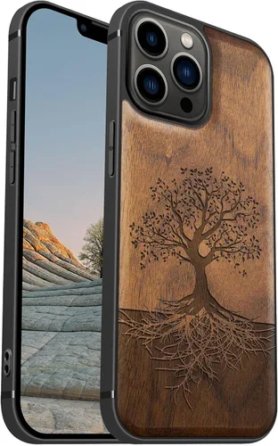 Vista 21 de Carveit Funda magnética de madera para iPhone 13 [madera real dura y TPU suave negro] funda protectora de madera única y elegante a prueba de golpes