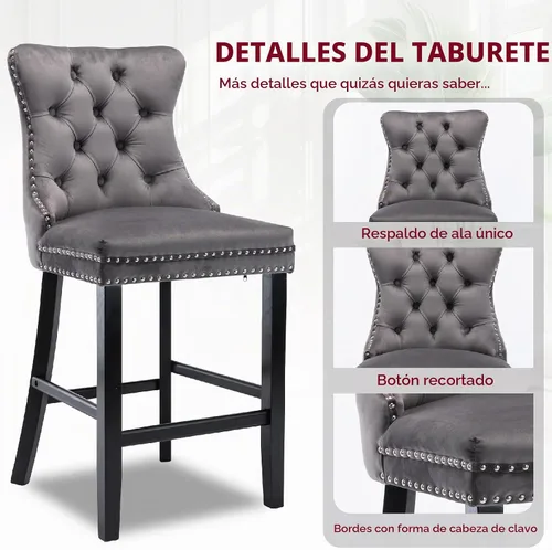 Vista 4 de Juego de 2 taburetes de bar de terciopelo para altura de mostrador, taburetes de bar modernos con respaldo y ribete de cabeza de clavos para isla