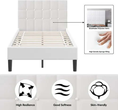 Vista 7 de Giantex Base de cama tapizada tamaño individual, cama de plataforma con cabecera capitoné con botones, base de colchón de soporte de listones
