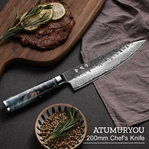 Vista 5 de Atumuryou - Cuchillo de chef japonés Damasco VG10 + cuchillo utilitario