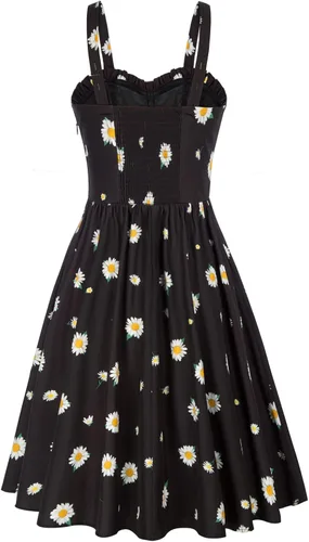 Vista 2 de Belle Poque Vestido floral vintage para mujer, vestido de verano con tirantes delgados, vestido fruncido y acampanado, vestido midi con vuelo