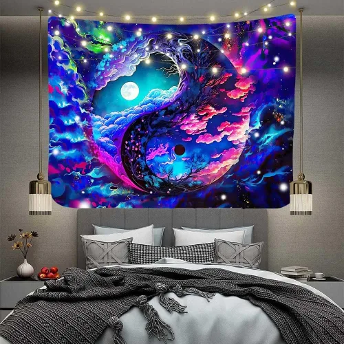 Vista 8 de Aidatain Tapiz de cielo colorido de fantasía, luna, nebulosa deslumbrante, Yin y Yang, tapiz de pared, grande de 80 x 60 pulgadas, tela de franela