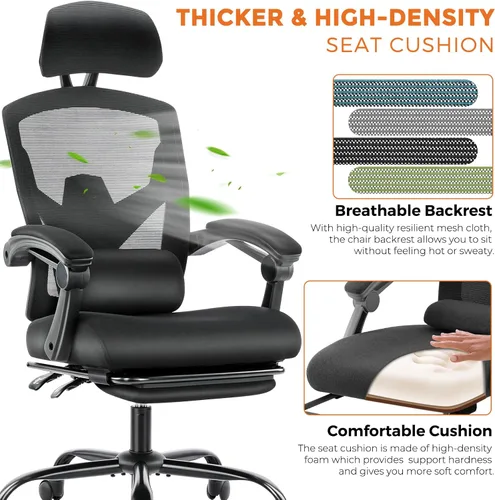 Vista 3 de Sweetcrispy Silla de escritorio para computadora de oficina, ergonómica, con respaldo alto, de malla, giratorias, con ruedas, cómodo soporte lumbar