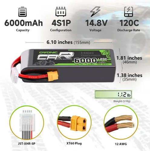 Vista 2 de OVONIC 4S LiPo Batería 6000mAh 14.8V 120C RC Batería con conector XT60 (paquete de 2)