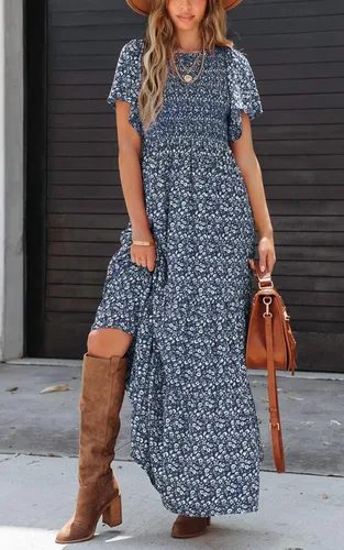 Vista 2 de PRETTYGARDEN Vestido largo casual de verano para mujer, de manga corta, bohemio, floral, cuello redondo, fruncido y escalonado