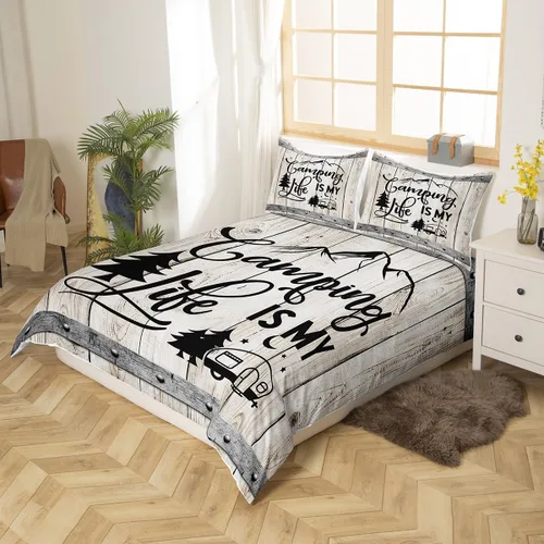 Vista 2 de Manfei Happy Camping - Juego de funda de edredón tamaño individual, funda de edredón con 1 funda de almohada, juego de ropa de cama de madera gris