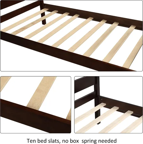 Vista 5 de Anwick Base de cama individual de madera con cabecero y estribo, base de colchón de plataforma con soporte de listones de madera para niños, Espresso