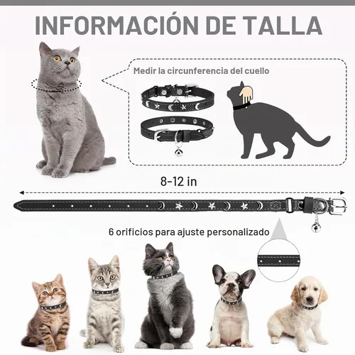 Vista 4 de Collares de cuero DILLYBUD para gatos macho y hembra con campana y cinturón elástico de seguridad, collar ajustable con hebilla de seguridad