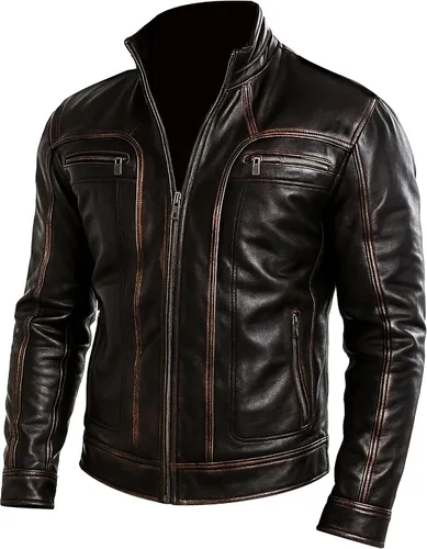 Vista 11 de Mens Premium Distressed Brown Padded Armored Cowhide Leather Cafe Racer Jacket – Vintage Protective Moto Jacket