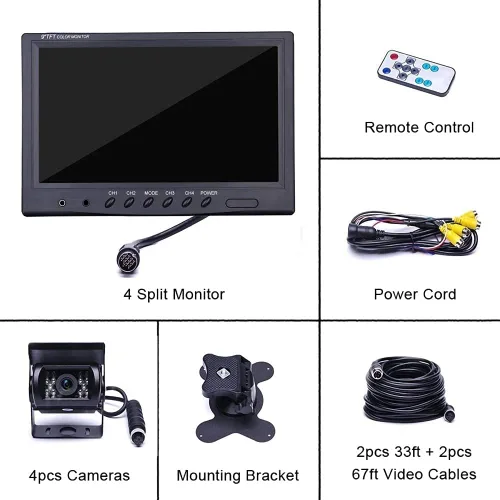 Vista 4 de Cámara de respaldo para vehículo, Camecho de 9 pulgadas, 4 monitores divididos + 4 cámaras con cámara de visión frontal y trasera, 18 IR de visión