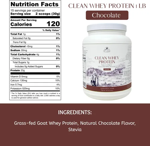 Vista 2 de Mt. Capra Clean Whey Protein Proteína de suero de cabra sin desnaturalizar alimentada con pasto 0.81 oz de proteína por porción, totalmente