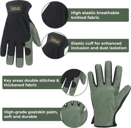 Vista 2 de HANDLANDY HLDD Men Leather Gardening Gloves, Utility Work Gloves for Gardening, Yardwork, Construction, Mechanics