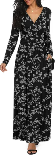 Vista 29 de LILBETTER - Vestido largo de manga larga, cuello en V profundo, holgado, liso y casual para mujer Verde militar