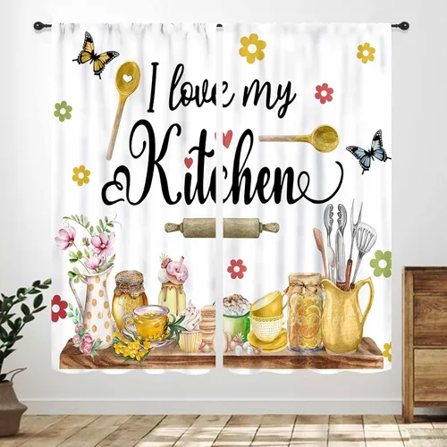 Vista 43 de Cortinas de cocina rústicas, color negro y blanco, tablón de madera con cuchillo y cuchara para barra, bolsillo para barra, tratamiento de ventana