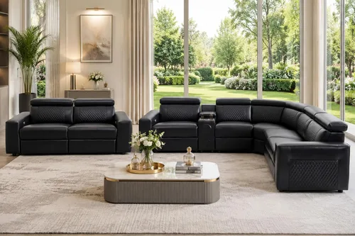 Vista 24 de Juego de sofá seccional reclinable de cuero, sofá seccional con 4 sillones reclinables Juegos de muebles de sala con 3 reclinables, luz LED