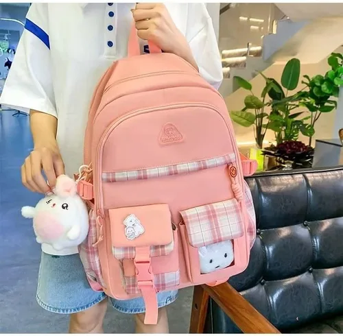 Vista 7 de HCOOLE Mochila Kawaii de 5 piezas con bonitos colgantes de felpa e insignia, mochila escolar de alta capacidad de 19 galones, bonita mochila