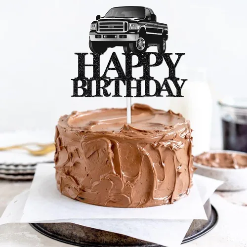 Vista 5 de Decoración de pastel de camioneta con temática de feliz cumpleaños, púas de decoración de purpurina negra para adultos, suministros de decoración