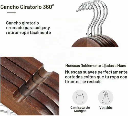Vista 7 de TOPIA HANGER Perchas de madera para trajes con clips de metal ajustables (paquete de 10), perchas de ropa de madera maciza, gancho giratorio