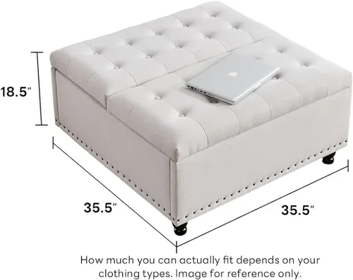 Vista 2 de Tbfit Otomana cuadrada de almacenamiento de 35.5 pulgadas con parte superior elevable, mesa de centro tapizada y banco capitoné, caja de juguetes