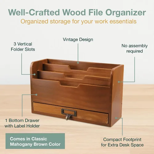 Vista 4 de Organizador de escritorio de madera rústica, clasificador de archivos vertical con 3 compartimentos y 1 cajón de bandeja de papel, madera de caoba