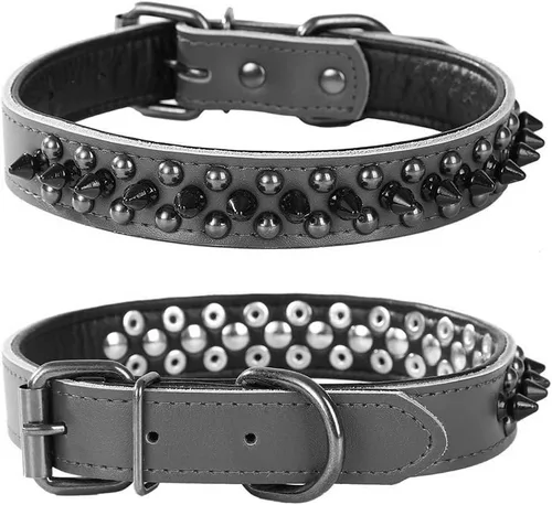Vista 19 de Collar de perro con tachuelas, collar de perro de cuero genuino, collares ajustables para mascotas pequeñas o medianas (S, negro-1)