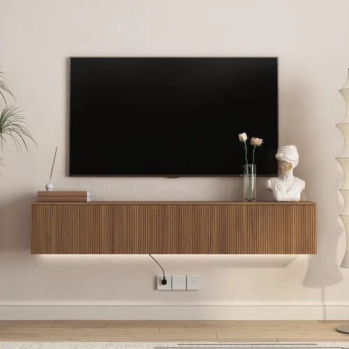 Vista 27 de Soporte flotante para TV montado en la pared con 20 LED de color, soporte de TV moderno de 63 pulgadas, gabinete de TV flotante centro