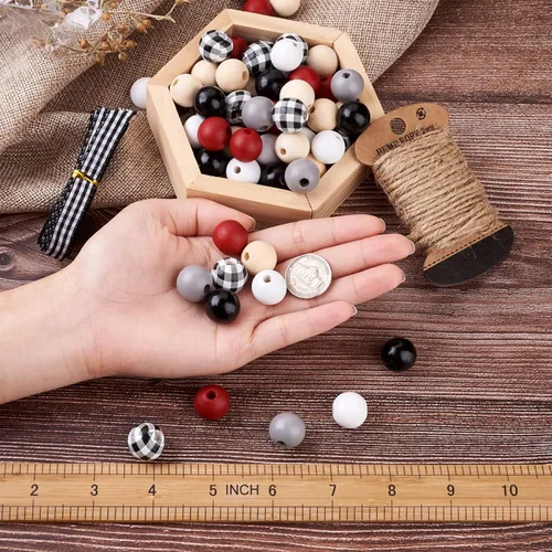 Vista 5 de 120 cuentas redondas de madera natural con cinta de poliéster de yute, decoración de bolas de madera, cuentas de madera rústicas de granja