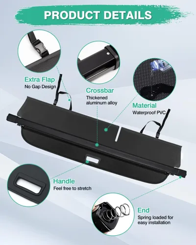Vista 4 de Powerty Funda de carga para Jeep Cherokee 2014, 2015, 2016, 2017, 2018, accesorios para maletero, cubierta retráctil para maletero y maletero, sin