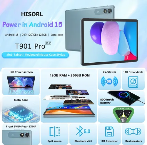 Vista 2 de HISORL Tablet Android con teclado, tableta Android 15 de 10 pulgadas con 24 GB+128 GB, expansión de 1 TB, 8 núcleos, 8000 mAh, WiFi 5G, Widevine L1