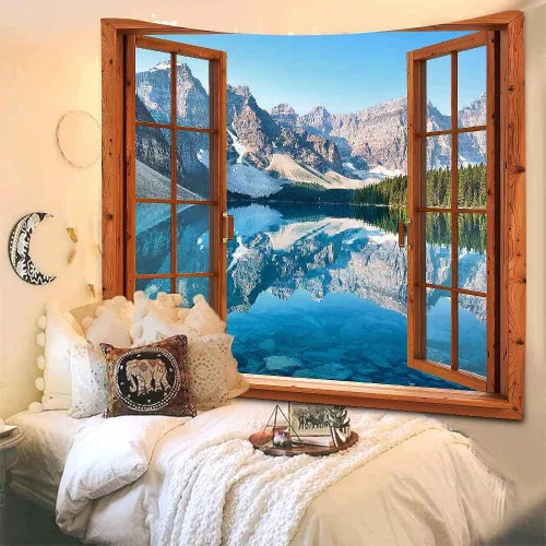 Vista 7 de Aidatain Tapiz de ventana de montaña, lago, bosque, escena, paisaje natural, para colgar en la pared, tapices grandes de franela de 84 x 90