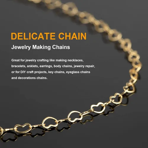 Vista 4 de KYUNHOO Cadenas de corazón chapadas en oro de 18 quilates de 16.4 ft de latón macizo a granel, cadena de collar de corazón para mujer, pulsera