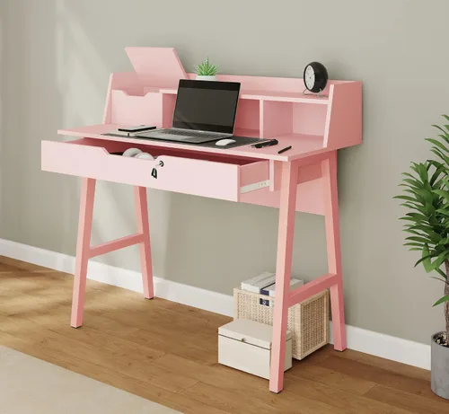 Vista 7 de Crafts and Comfort - Escritorio Pequeño Roma de Diseño Moderno para Dormitorio, Escritorio de Escritura Rosa de 40 Pulgadas con Estante Superior
