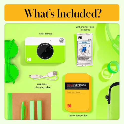 Vista 3 de Kodak Printomatic - Cámara instantánea (verde) todo en paquete + papel Zink (20 hojas) + funda de lujo + álbum de fotos + 7 juegos de calcomanías +