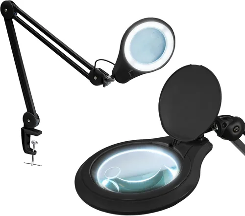 Vista 13 de Neatfi Lámpara de aumento bifocal LED de 1,200 lúmenes, lente de vidrio de 5 pulgadas, aumento doble 2.25X/6X, regulable, brazo ajustable con Negro