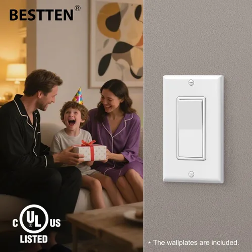 Vista 8 de BESTTEN Paquete de 4 interruptores de luz decorativa de 3 vías con placa de pared, 15 A, 120/277 V, interruptor de paleta basculante de Blanco