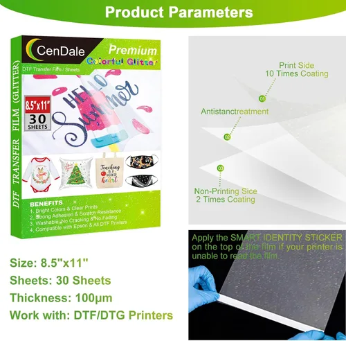 Vista 6 de CenDale Película de transferencia DTF con purpurina, 8.5 x 11 pulgadas, 30 hojas de película DTF con purpurina colorida para trucos de sublimación