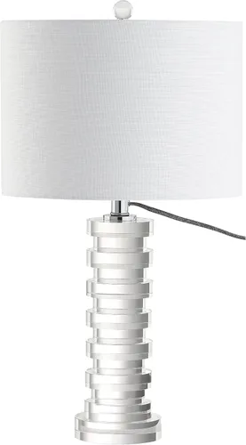 Vista 2 de JONATHAN Y Lámpara de mesa LED de columna geométrica escalonada de cristal transparente de 25 pulgadas, lámpara de noche moderna para sala de estar