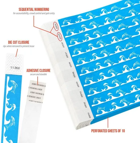 Vista 2 de 500 pulseras Tyvek de Wristco Blue Dolphins para eventos, cómodas pulseras de papel resistentes a desgarros, pulseras de identificación