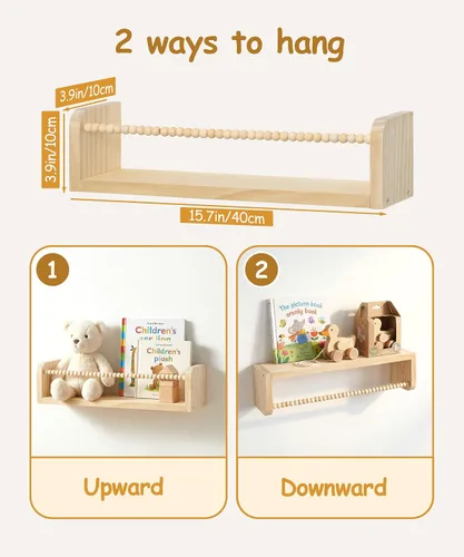 Vista 3 de Juego de 3 estantes para libros de guardería para pared, estantes de madera natural, decoración de pared, pequeño organizador flotante