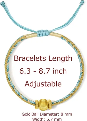 Vista 2 de ZHOU LIU FU Pulseras de oro real de 24 quilates, pulseras de la amistad, joyas ajustables de oro sólido con bola dorada, azul, verde, rosa, pulseras