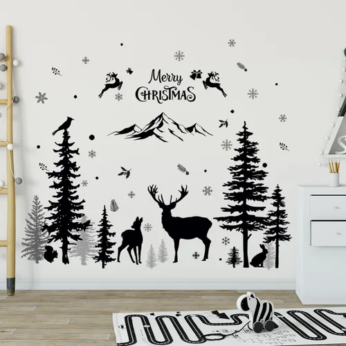 Vista 2 de Calcomanías de pared de Navidad, calcomanías de pared de animales del bosque de invierno, impermeable, montaña, bosque, ventanas, calcomanías