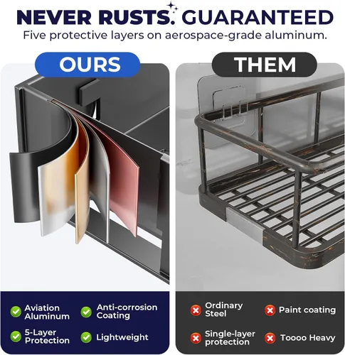 Vista 6 de Organizador de ducha esquinero, con ventosa y ganchos, organizador de baño de aluminio inoxidable sin perforaciones, estantes para decoración