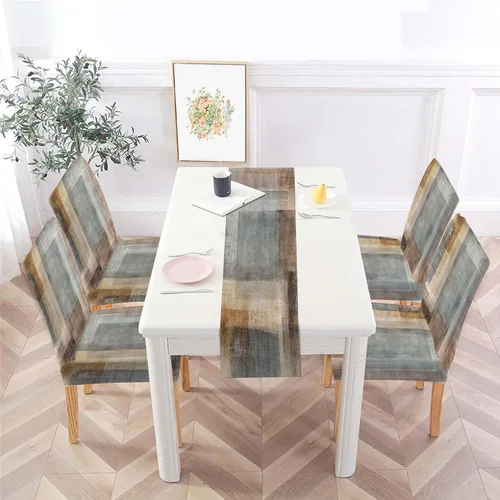 Vista 3 de MCALK Juego de 4 fundas para sillas color marrón y mantel para mesa, fundas elásticas color gris oscuro para sillas de cocina, fundas protectoras