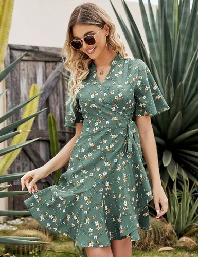 Vista 2 de Vestido casual de manga corta con cuello en V para mujer, con lazo en la cintura, vestido corto floral para boda