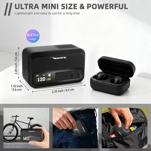 Vista 4 de Tiny Pump Mini Bike Tire Pump - Max 120PSI Portable Electric Bicycle Pump with Fast Inflation Auto Stop - Bicycle Inflator with Presta and Schrader
