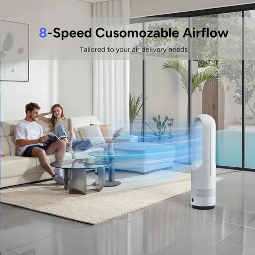 Vista 5 de Ventilador sin aspas, ventilador de torre de enfriamiento de 22 pulgadas con oscilación de 80° y control remoto, temporizador de 9H, 8 velocidades