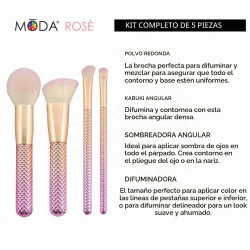 Vista 6 de MODA Juego de brochas de maquillaje de rosas metálicas, kit completo para rostro y ojos, filamentos sintéticos veganos, brochas de base, polvo